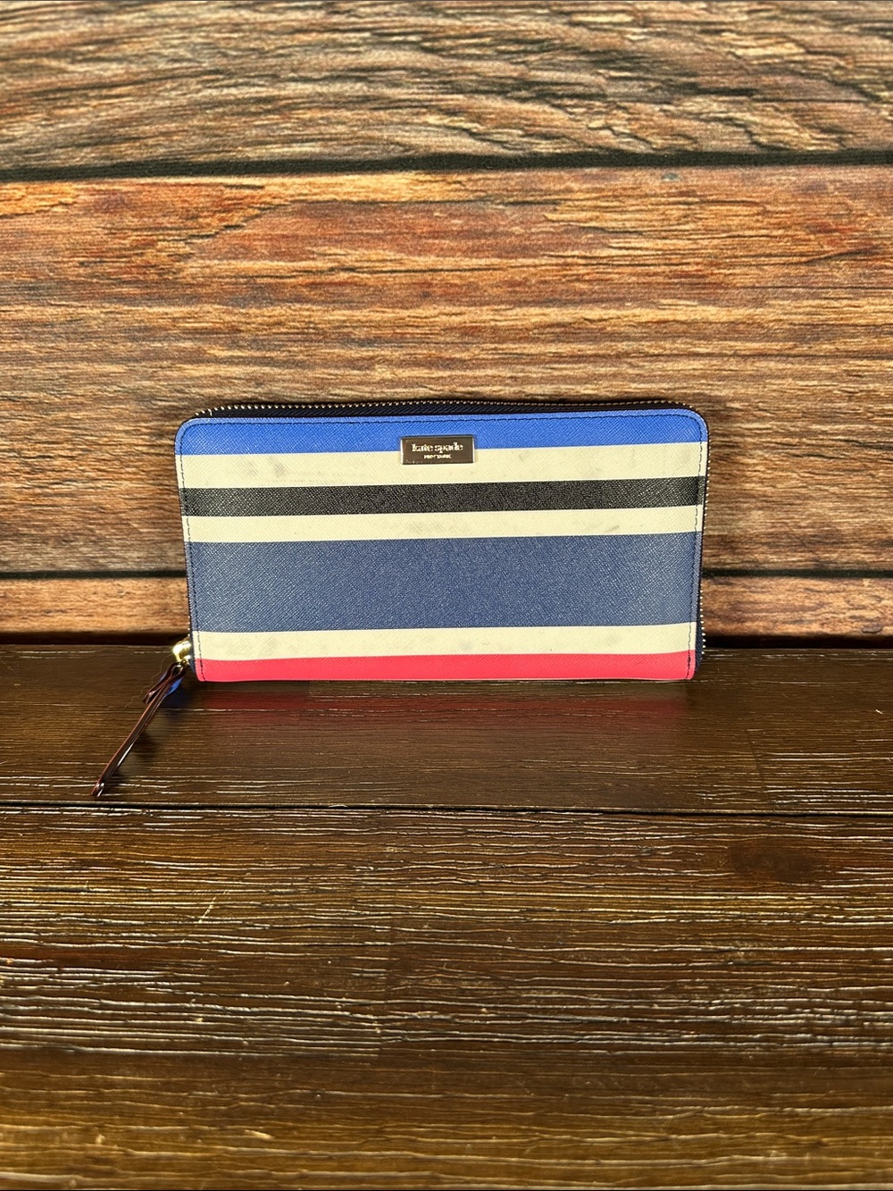 kate spade Striped Zip-Around Wallet - Blue, White, Black, Coral